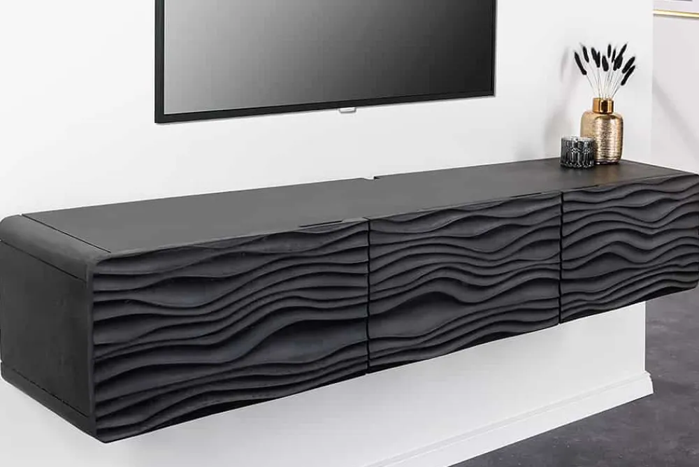Riess-Ambiente Goldene Möbel|Tv- & Lowboards > Design TV-Board WAVE 160cm schwarz Mangoholz mit 3D Schnitzereien hängend