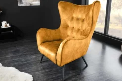 Riess-Ambiente Loungesessel|Skandinavisch > Design XL Sessel AMSTERDAM senfgelb Samt schwarze Metallbeine Retro Stil