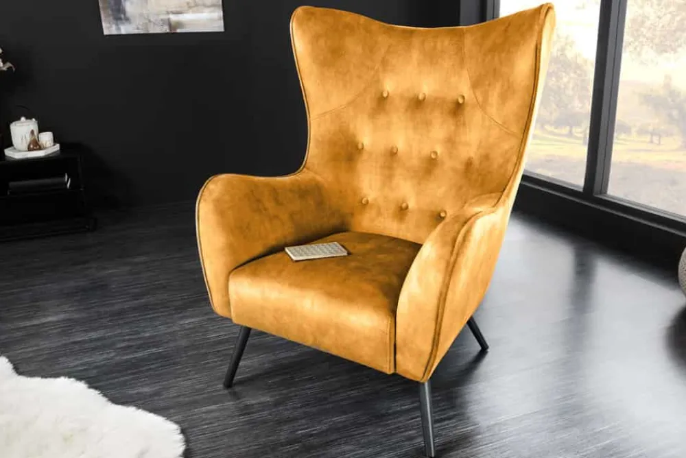 Riess-Ambiente Loungesessel|Skandinavisch > Design XL Sessel AMSTERDAM senfgelb Samt schwarze Metallbeine Retro Stil