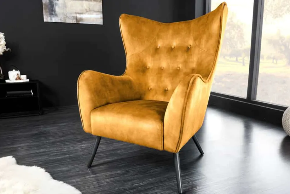 Riess-Ambiente Loungesessel|Skandinavisch > Design XL Sessel AMSTERDAM senfgelb Samt schwarze Metallbeine Retro Stil