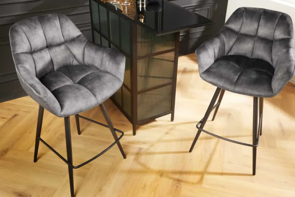 Riess-Ambiente Industrial Loft|Barhocker > Drehbarer Barhocker PAPILLON grau Samt Barstuhl mit Lehne schwarze Metallbeine