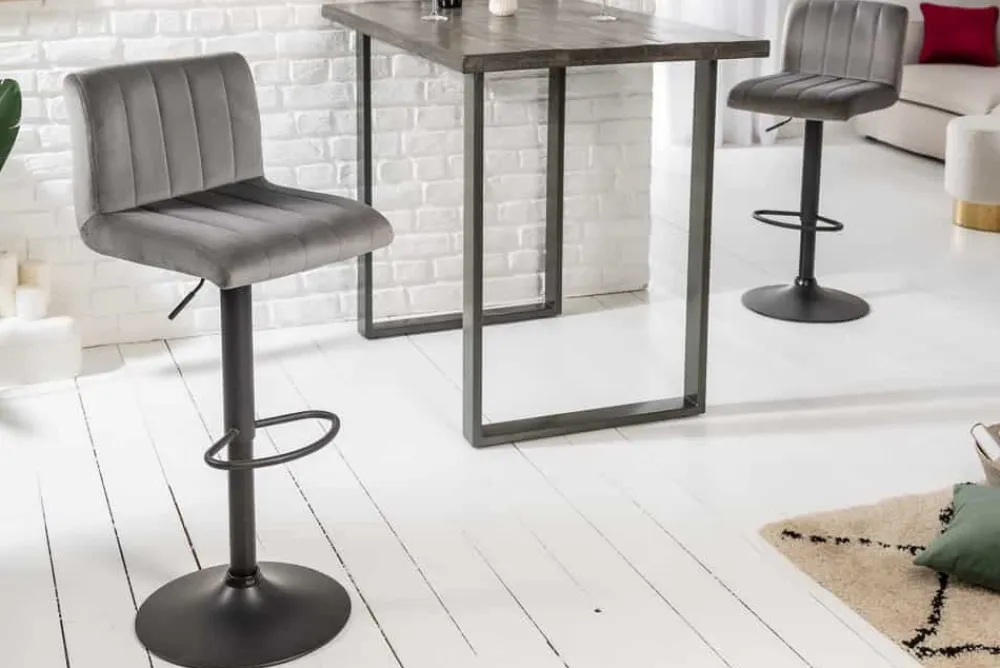 Riess-Ambiente Industrial Loft|Retro Möbel > Drehbarer Barhocker PORTLAND grau Samt Barstuhl mit Lehne höhenverstellbar