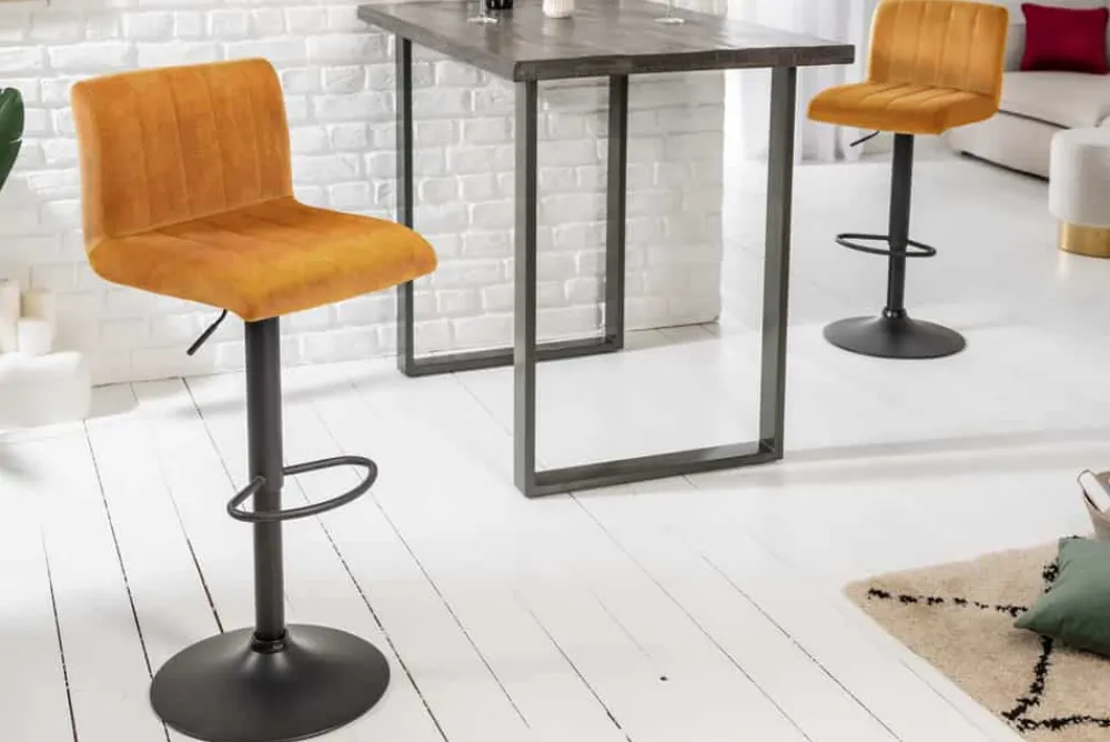 Riess-Ambiente Industrial Loft|Retro Möbel > Drehbarer Barhocker PORTLAND senfgelb Samt Barstuhl mit Lehne höhenverstellbar