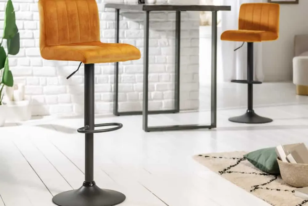 Riess-Ambiente Industrial Loft|Retro Möbel > Drehbarer Barhocker PORTLAND senfgelb Samt Barstuhl mit Lehne höhenverstellbar