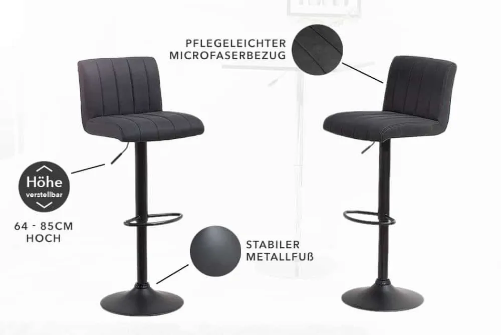 Riess-Ambiente Industrial Loft|Retro Möbel > Drehbarer Barhocker PORTLAND vintage grau Microfaser Barstuhl mit Lehne höhenverstellbar