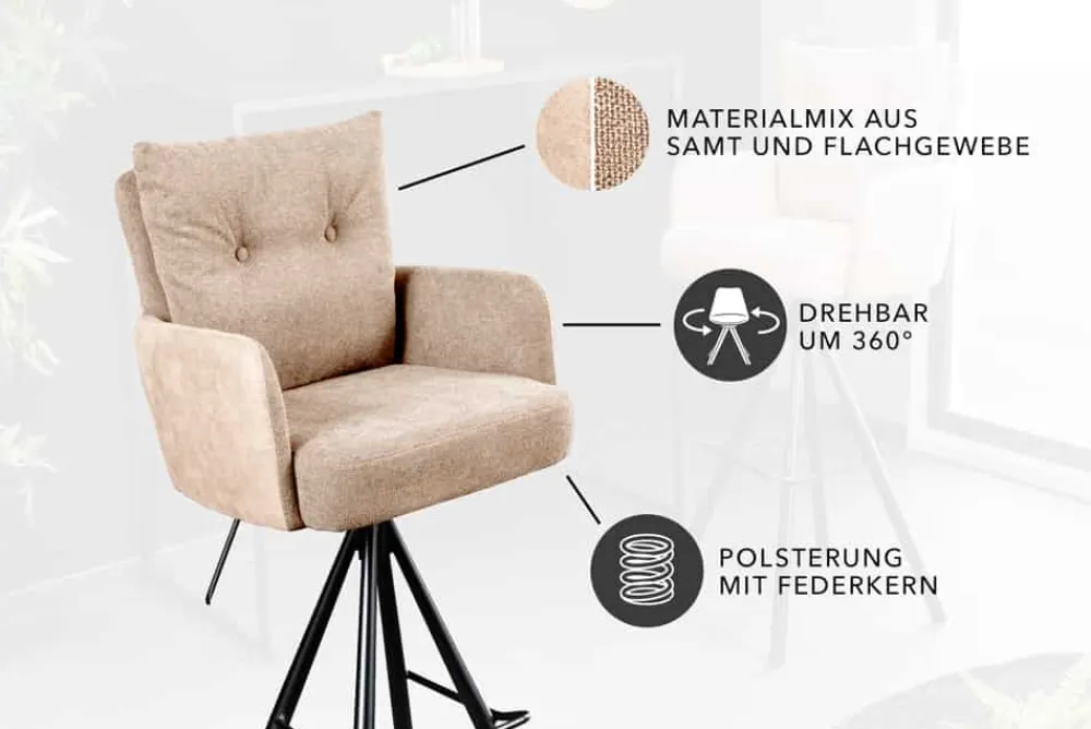 Riess-Ambiente Barhocker|Samt Möbel > Drehbarer Design Barhocker BIG GEORGE champagner beige Samt Taschenfederkern Armlehne
