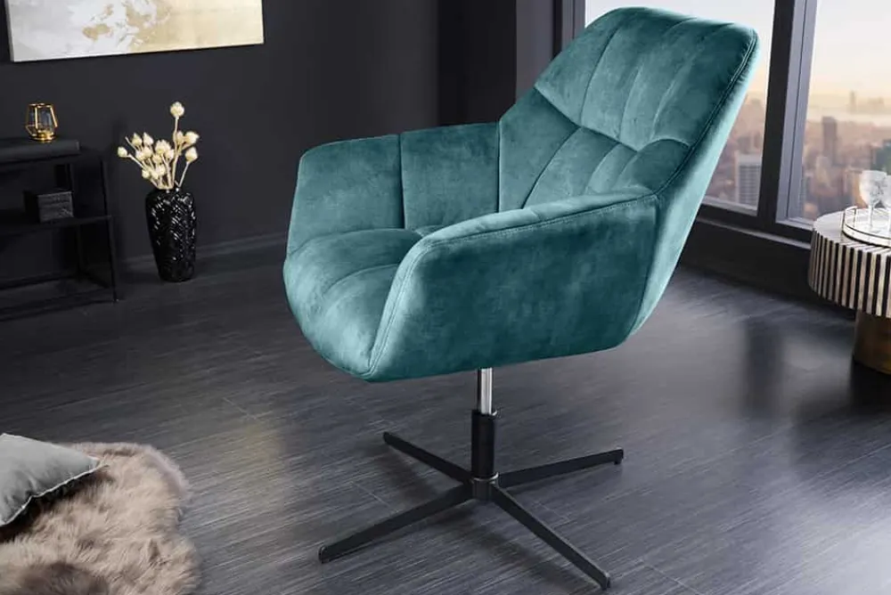 Riess-Ambiente Sessel|Samt Möbel > Drehbarer Design Sessel PAPILLON petrol Samt 360° schwarz Metall höhenverstellbar