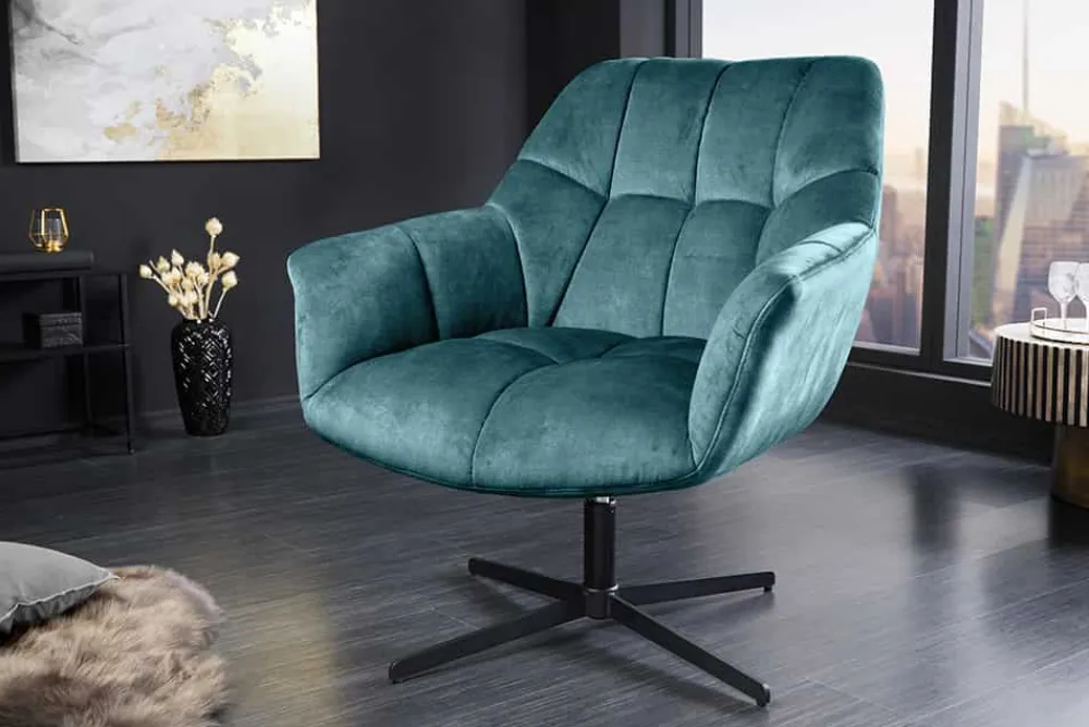 Riess-Ambiente Sessel|Samt Möbel > Drehbarer Design Sessel PAPILLON petrol Samt 360° schwarz Metall höhenverstellbar