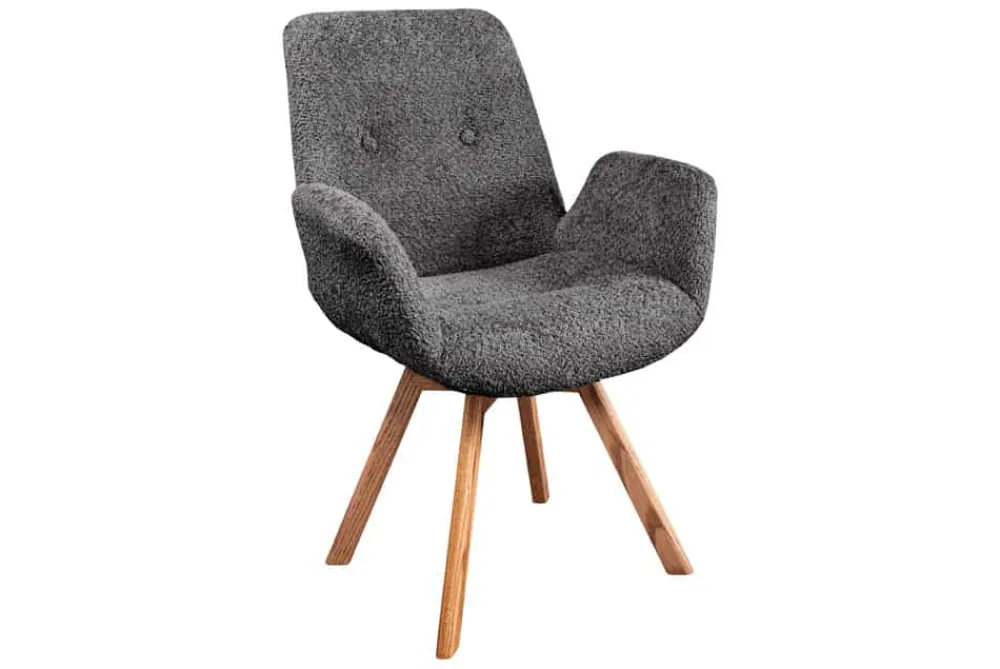 Riess-Ambiente Skandinavisch|Retro Möbel > Drehbarer Design Stuhl BALTIC dunkelgrau Bouclé natur Eiche Massivholz mit Armlehne