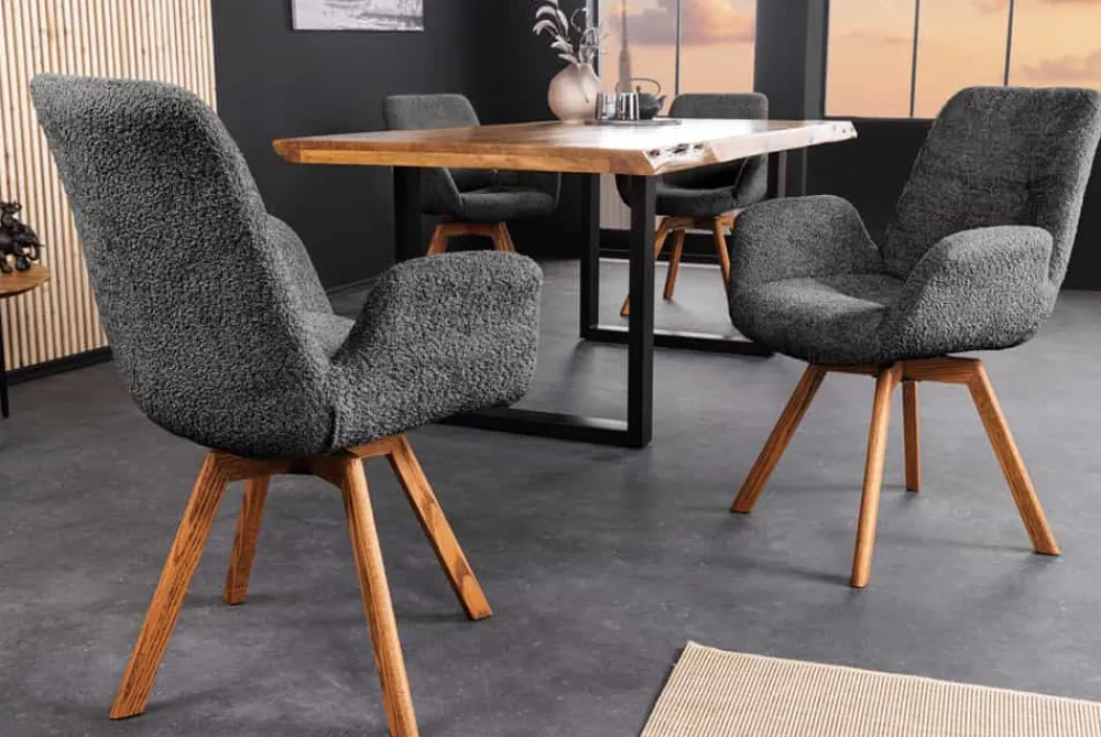 Riess-Ambiente Skandinavisch|Retro Möbel > Drehbarer Design Stuhl BALTIC dunkelgrau Bouclé natur Eiche Massivholz mit Armlehne