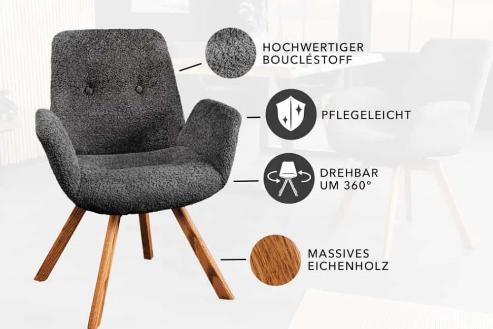 Riess-Ambiente Skandinavisch|Retro Möbel > Drehbarer Design Stuhl BALTIC dunkelgrau Bouclé natur Eiche Massivholz mit Armlehne
