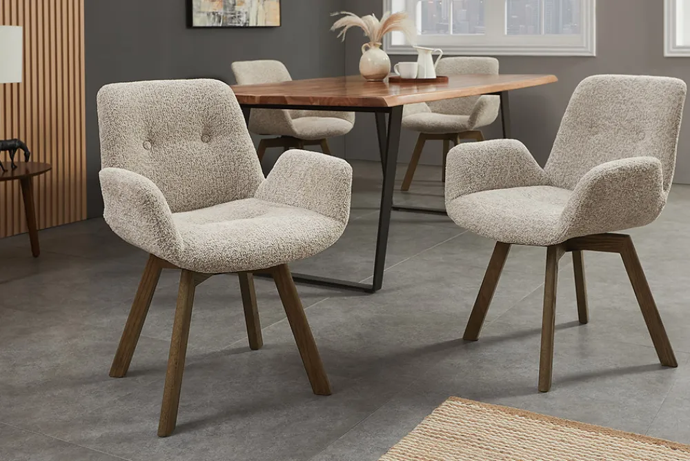 Riess-Ambiente Skandinavisch|Retro Möbel > Drehbarer Design Stuhl BALTIC taupe Bouclé Tweed Soft Eiche Massivholz Walnuss