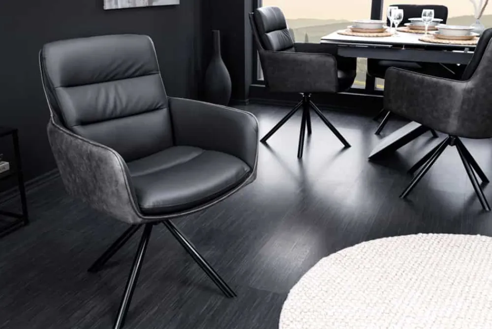 Riess-Ambiente Retro Möbel|Stühle > Drehbarer Design Stuhl BIG GEORGE schwarz anthrazit Echtleder Microfaser mit Armlehnen
