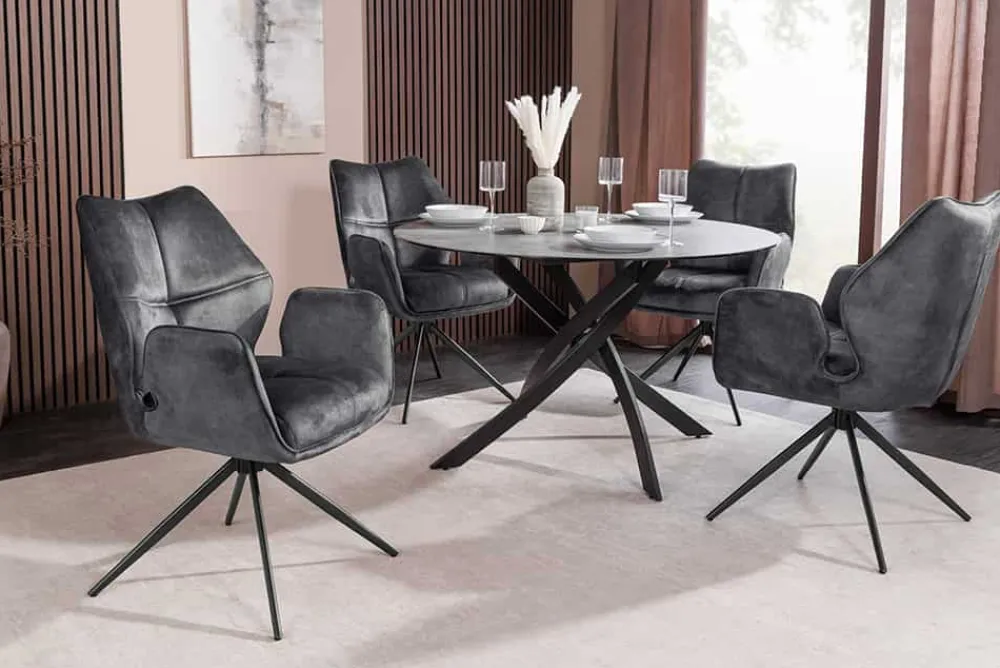 Riess-Ambiente Stühle|Samt Möbel > Drehbarer Design Stuhl CONCORD dunkelgrau Samt Taschenfederkern Metallgestell schwarz