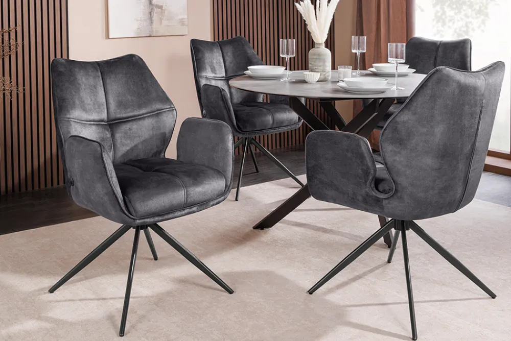 Riess-Ambiente Stühle|Samt Möbel > Drehbarer Design Stuhl CONCORD dunkelgrau Samt Taschenfederkern Metallgestell schwarz