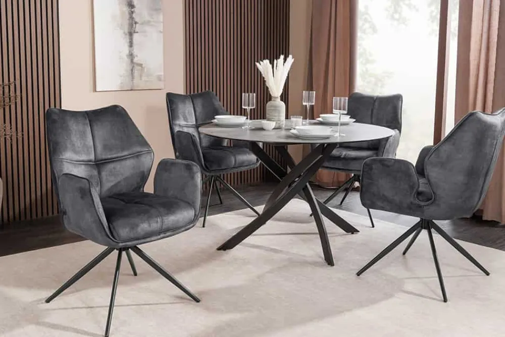 Riess-Ambiente Stühle|Samt Möbel > Drehbarer Design Stuhl CONCORD dunkelgrau Samt Taschenfederkern Metallgestell schwarz
