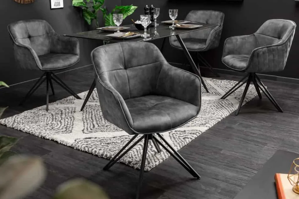 Riess-Ambiente Retro Möbel|Stühle > Drehbarer Design Stuhl EUPHORIA dunkelgrau Samt mit Armlehne Metallgestell schwarz