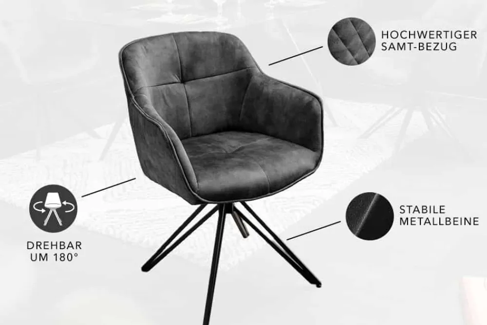 Riess-Ambiente Retro Möbel|Stühle > Drehbarer Design Stuhl EUPHORIA dunkelgrau Samt mit Armlehne Metallgestell schwarz