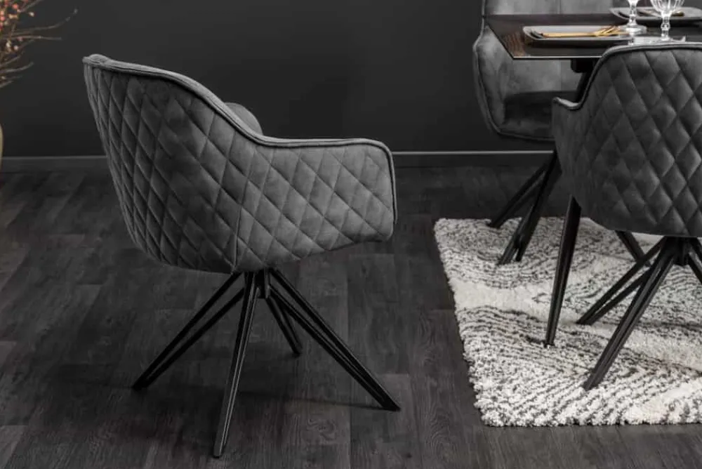 Riess-Ambiente Retro Möbel|Stühle > Drehbarer Design Stuhl EUPHORIA dunkelgrau Samt mit Armlehne Metallgestell schwarz