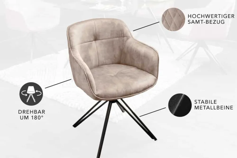 Riess-Ambiente Retro Möbel|Stühle > Drehbarer Design Stuhl EUPHORIA champagner greige Samt mit Armlehne Metallgestell schwarz