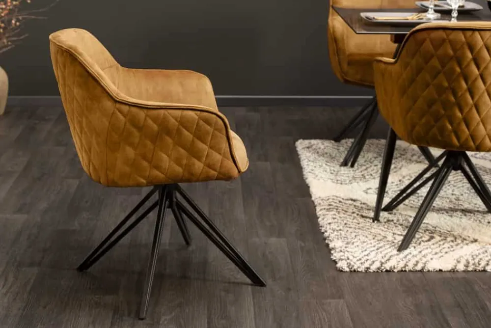 Riess-Ambiente Retro Möbel|Stühle > Drehbarer Design Stuhl EUPHORIA senfgelb Samt mit Armlehne Metallgestell schwarz