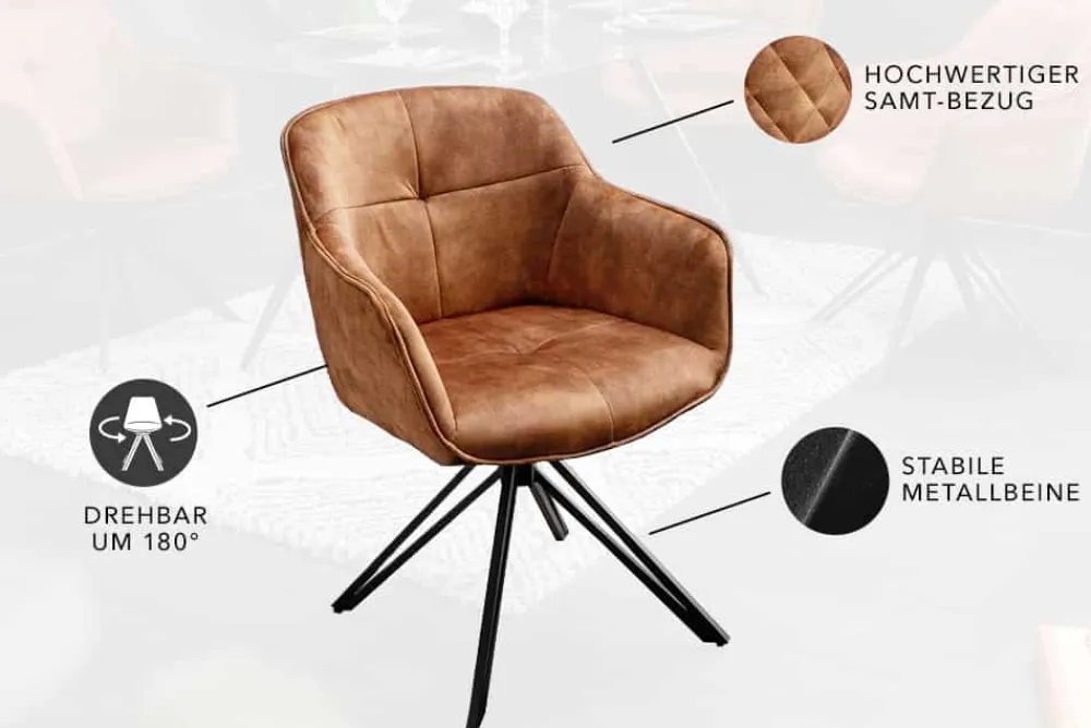 Riess-Ambiente Retro Möbel|Stühle > Drehbarer Design Stuhl EUPHORIA rost braun Samt mit Armlehne Metallgestell schwarz