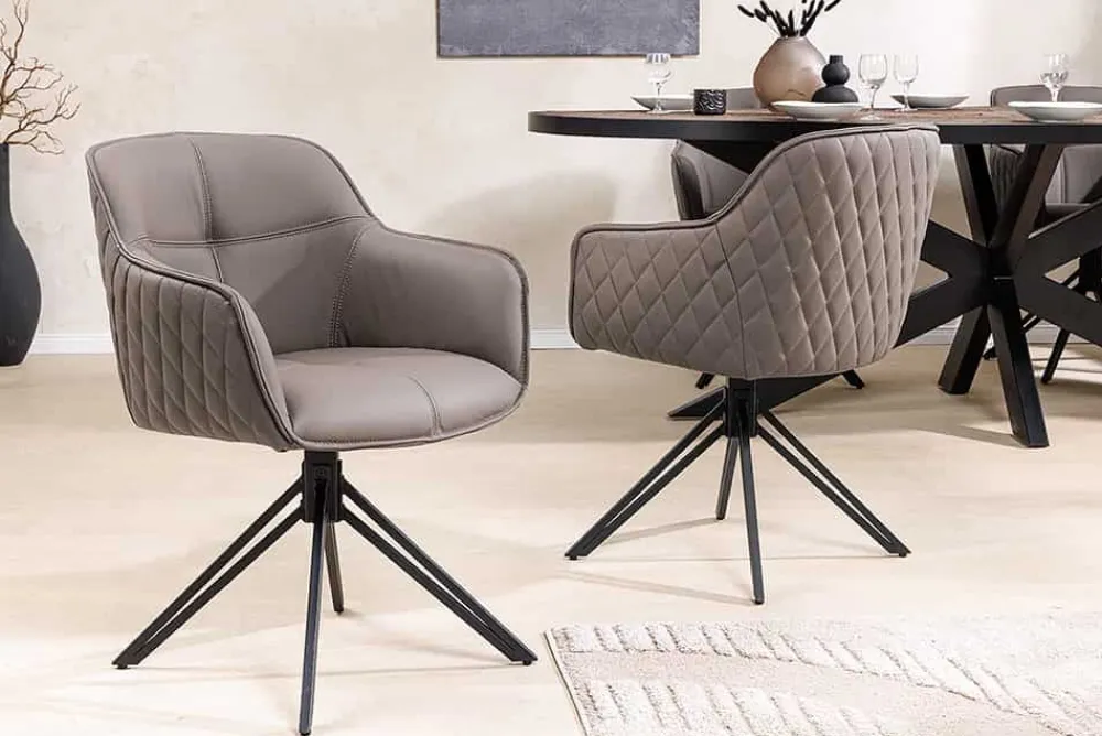 Riess-Ambiente Retro Möbel|Stühle > Drehbarer Design Stuhl EUPHORIA taupe Echtleder schwarz Metallgestell mit Armlehne