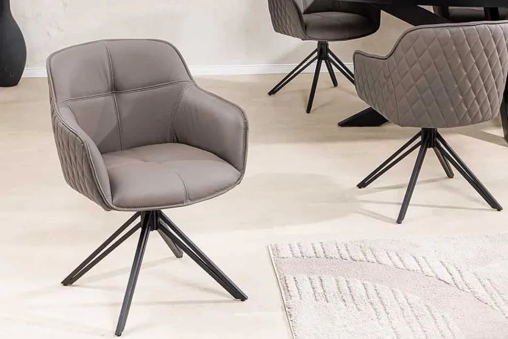 Riess-Ambiente Retro Möbel|Stühle > Drehbarer Design Stuhl EUPHORIA taupe Echtleder schwarz Metallgestell mit Armlehne