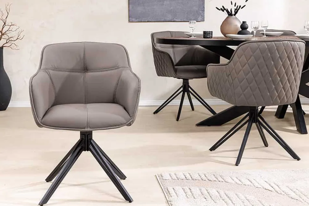 Riess-Ambiente Retro Möbel|Stühle > Drehbarer Design Stuhl EUPHORIA taupe Echtleder schwarz Metallgestell mit Armlehne