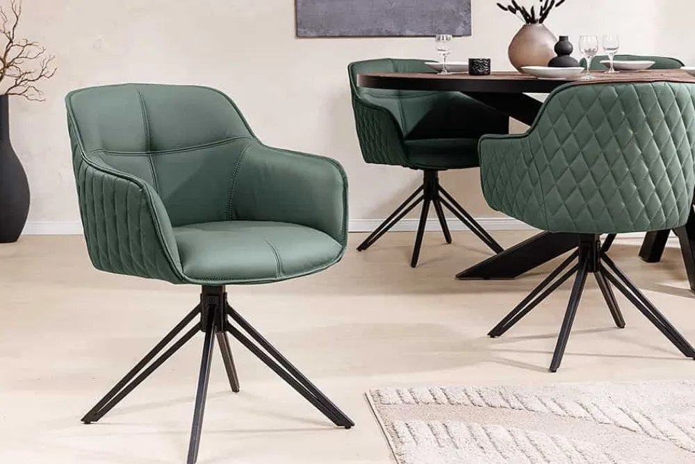 Riess-Ambiente Retro Möbel|Stühle > Drehbarer Design Stuhl EUPHORIA grün Echtleder schwarz Metallgestell mit Armlehne
