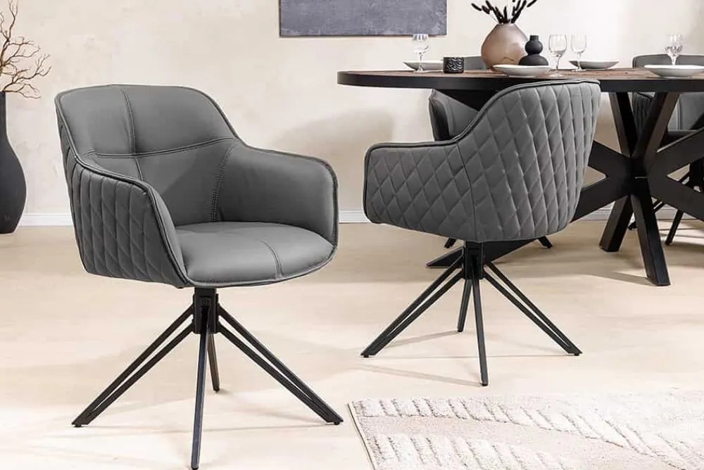 Riess-Ambiente Retro Möbel|Stühle > Drehbarer Design Stuhl EUPHORIA grau Echtleder schwarz Metallgestell mit Armlehne