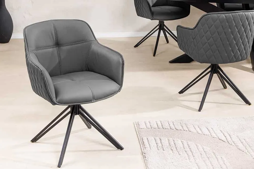 Riess-Ambiente Retro Möbel|Stühle > Drehbarer Design Stuhl EUPHORIA grau Echtleder schwarz Metallgestell mit Armlehne