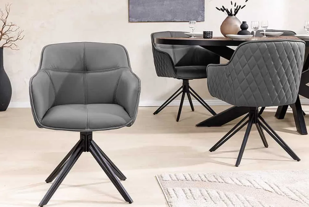 Riess-Ambiente Retro Möbel|Stühle > Drehbarer Design Stuhl EUPHORIA grau Echtleder schwarz Metallgestell mit Armlehne