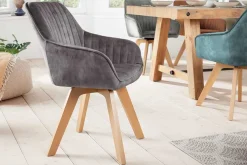 Riess-Ambiente Skandinavisch|Retro Möbel > Drehbarer Design Stuhl LIVORNO grau Samt Buchenholz Beine mit Armlehnen