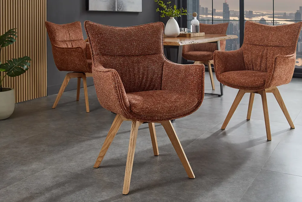 Riess-Ambiente Skandinavisch|Stühle > Drehbarer Design Stuhl VOGUE rost braun natur Strukturstoff Eichenholz 360° mit Armlehne