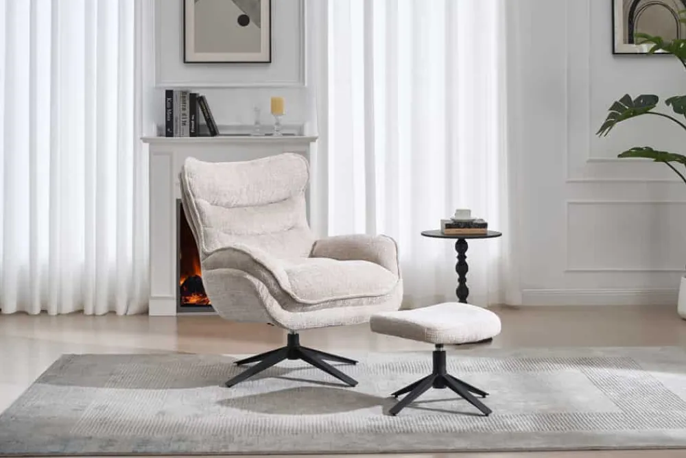 Riess-Ambiente Sitzhocker|Retro Möbel > Drehbarer Hocker CLOUD champagner beige Chenillestoff schwarz Metall Fußhocker