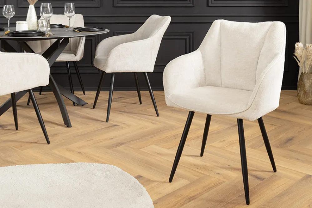 Riess-Ambiente Skandinavisch|Retro Möbel > Drehbarer Retro Stuhl AVIGNON beige Chenille schwarze Metallbeine