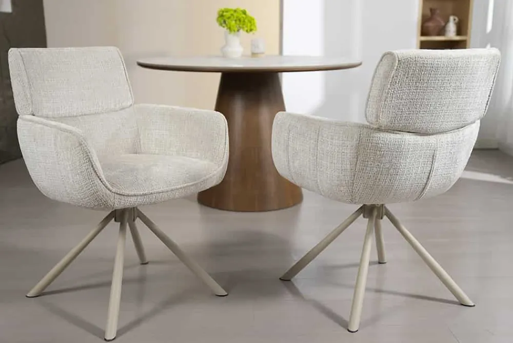 Riess-Ambiente Skandinavisch|Retro Möbel > Drehbarer Retro Stuhl UNIQUE beige Chenille Cremona Metall champagner-beige