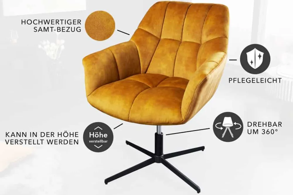Riess-Ambiente Sessel|Samt Möbel > Drehbarer Sessel PAPILLON senfgelb Samt schwarz Metall höhenverstellbar mit Armlehne