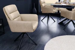 Riess-Ambiente Retro Möbel|Stühle > Drehbarer Stuhl BIG GEORGE beige Echtleder Microfaser mit Armlehne schwarze Metallbeine