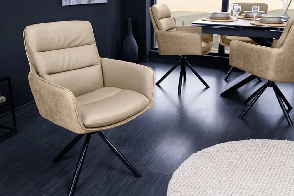 Riess-Ambiente Retro Möbel|Stühle > Drehbarer Stuhl BIG GEORGE beige Echtleder Microfaser mit Armlehne schwarze Metallbeine