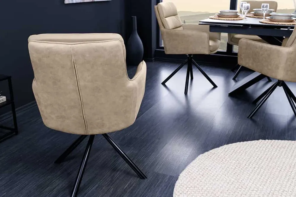 Riess-Ambiente Retro Möbel|Stühle > Drehbarer Stuhl BIG GEORGE beige Echtleder Microfaser mit Armlehne schwarze Metallbeine