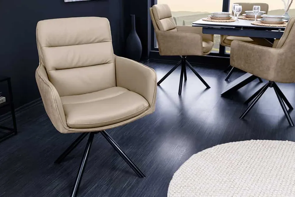 Riess-Ambiente Retro Möbel|Stühle > Drehbarer Stuhl BIG GEORGE beige Echtleder Microfaser mit Armlehne schwarze Metallbeine