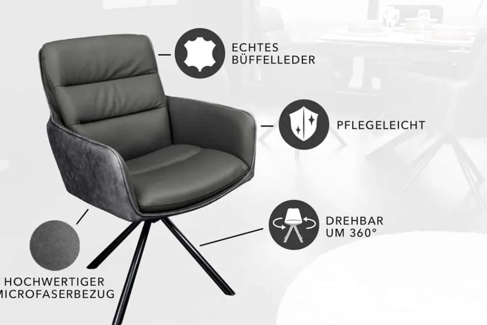 Riess-Ambiente Retro Möbel|Stühle > Drehbarer Stuhl BIG GEORGE grau Echtleder Microfaser mit Armlehne schwarze Metallbeine