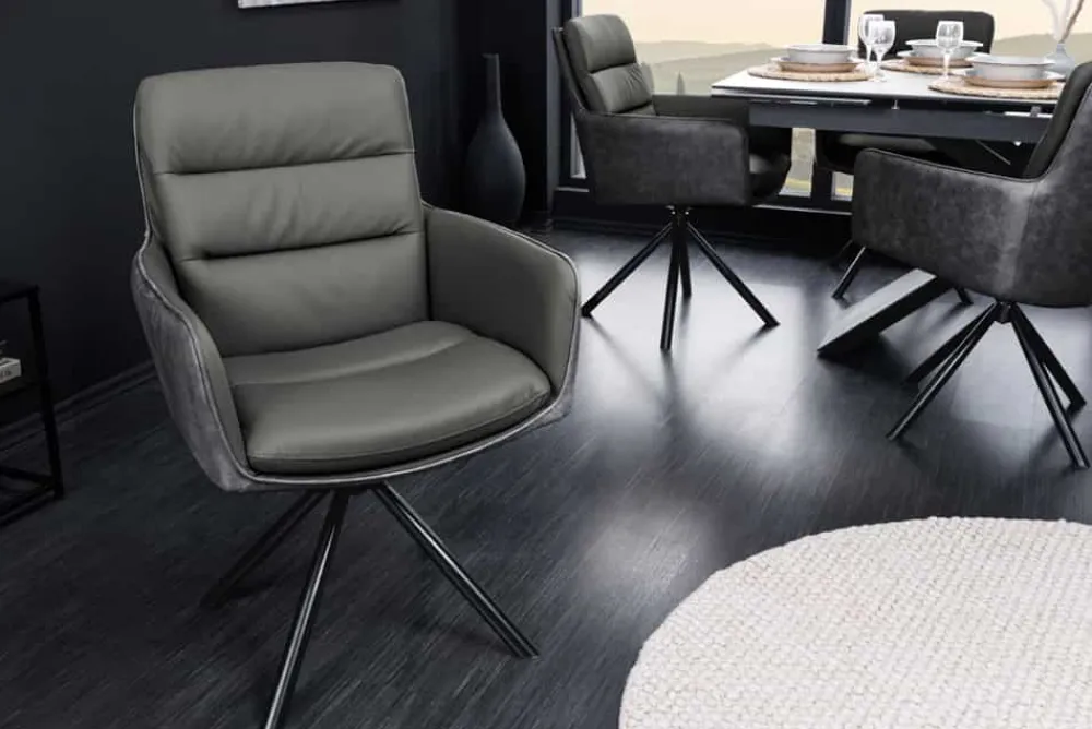 Riess-Ambiente Retro Möbel|Stühle > Drehbarer Stuhl BIG GEORGE grau Echtleder Microfaser mit Armlehne schwarze Metallbeine