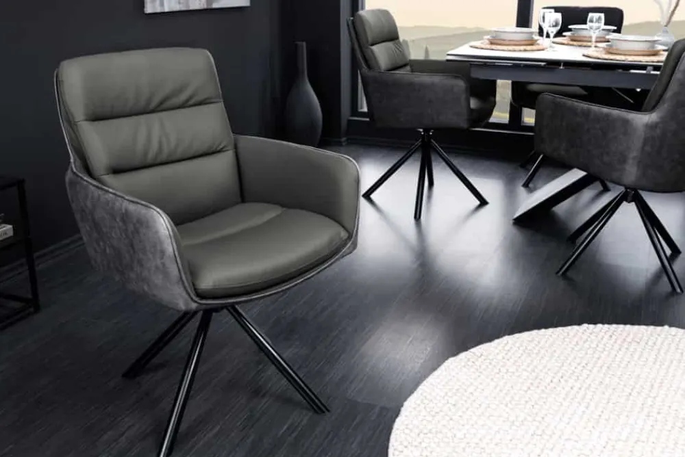 Riess-Ambiente Retro Möbel|Stühle > Drehbarer Stuhl BIG GEORGE grau Echtleder Microfaser mit Armlehne schwarze Metallbeine