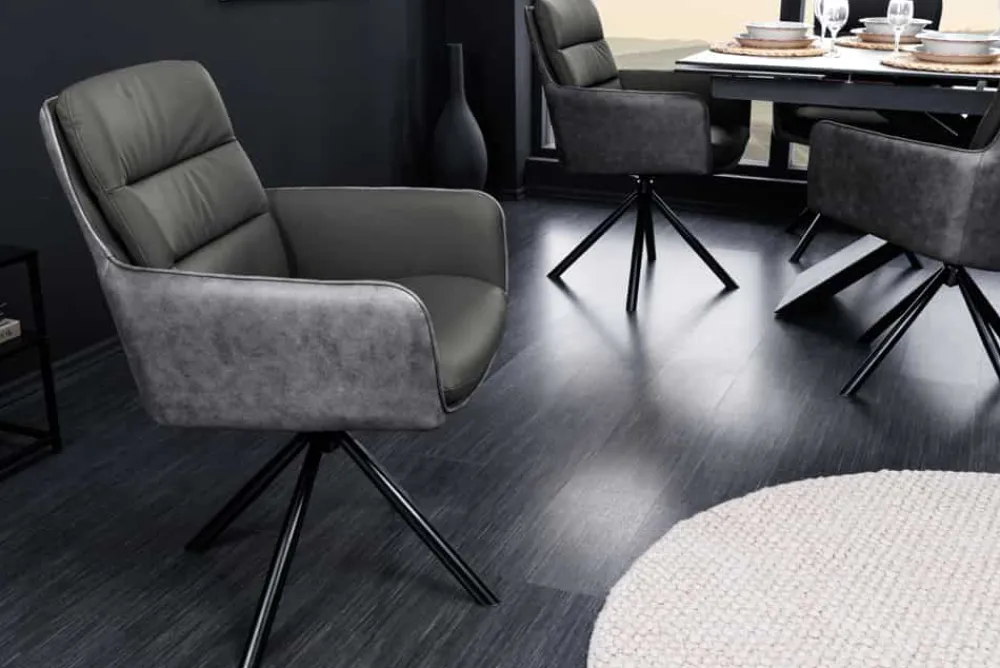 Riess-Ambiente Retro Möbel|Stühle > Drehbarer Stuhl BIG GEORGE grau Echtleder Microfaser mit Armlehne schwarze Metallbeine