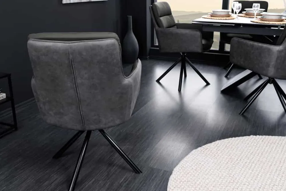 Riess-Ambiente Retro Möbel|Stühle > Drehbarer Stuhl BIG GEORGE grau Echtleder Microfaser mit Armlehne schwarze Metallbeine