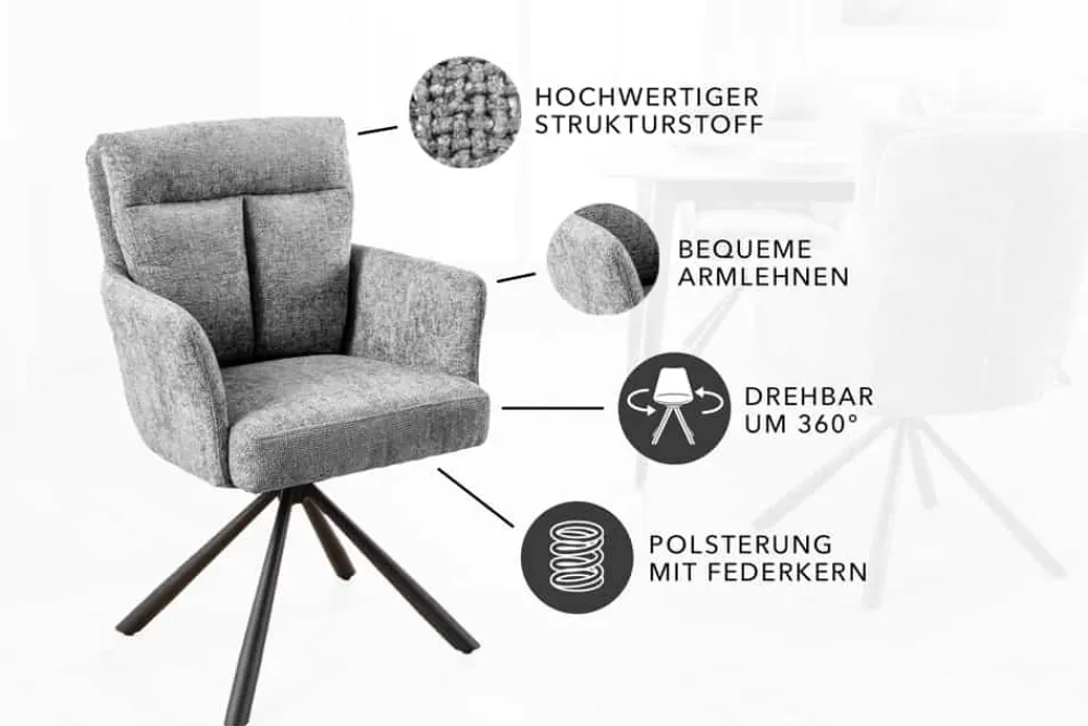 Riess-Ambiente Stühle > Drehbarer Stuhl BIG GEORGE grau Strukturstoff Taschenfederkern mit Armlehne Metall