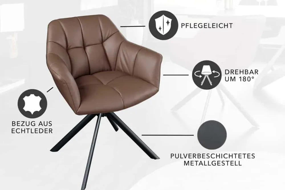 Riess-Ambiente Stühle > Drehbarer Stuhl PAPILLON brandy braun Echtleder mit Armlehne schwarzes Gestell